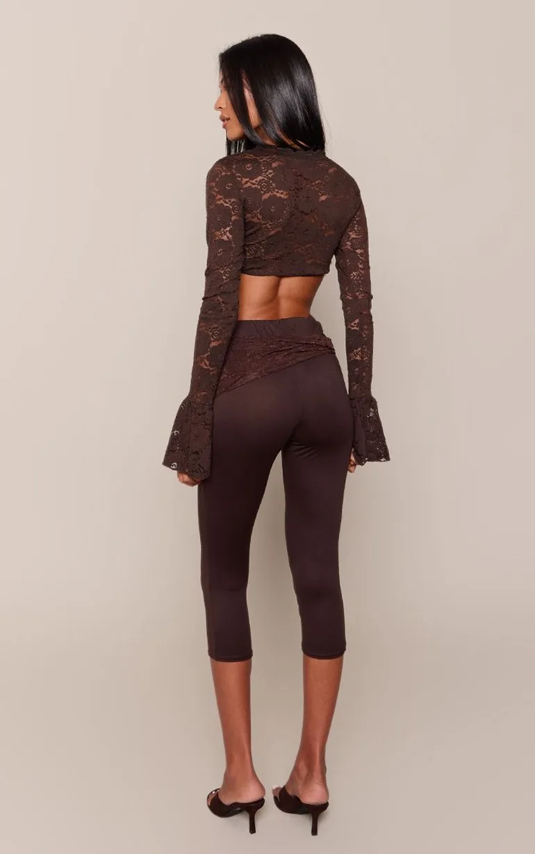 Tall Chocolate Jersey Lace Tie Detail Capri's - 2