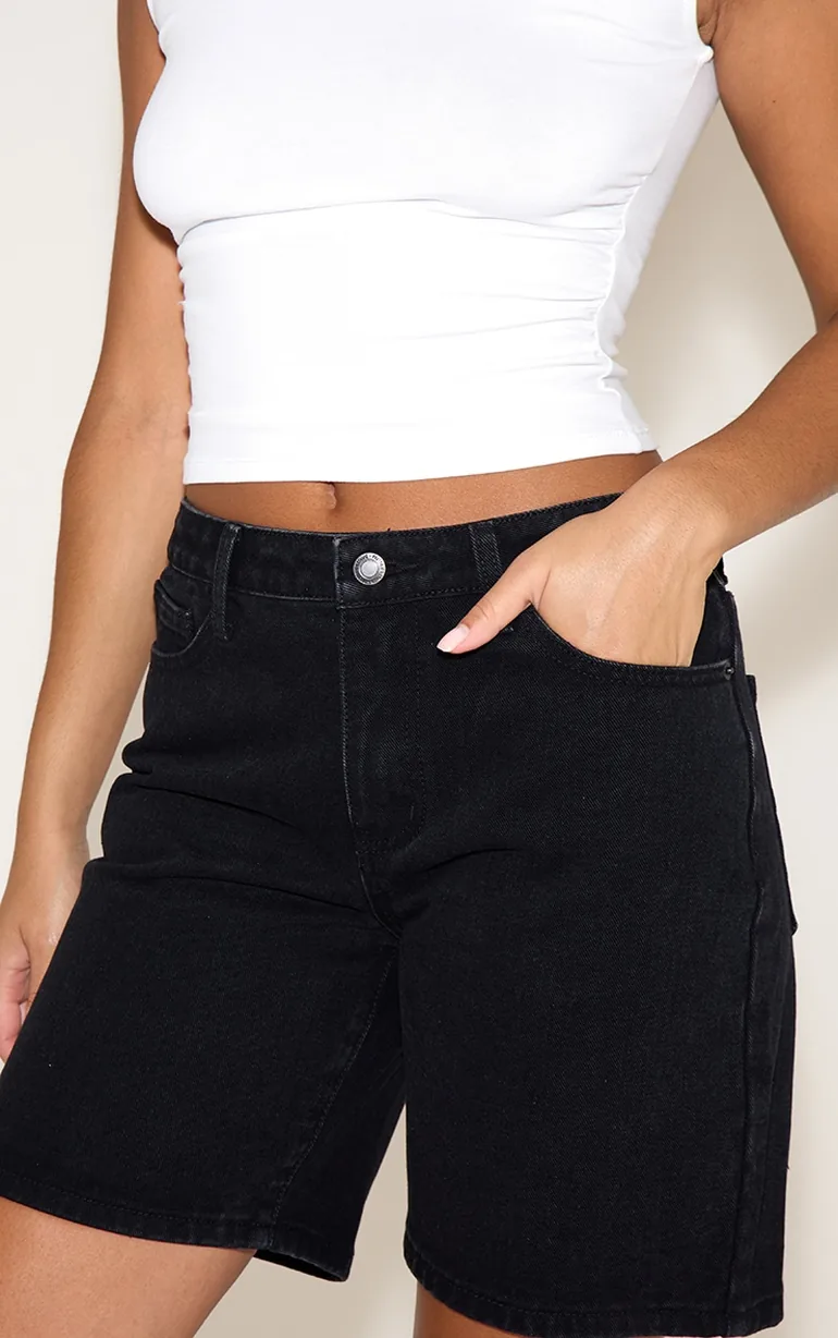 Washed Black Low Rise Denim Jorts - 4