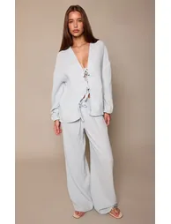 Blue Textured Cheesecloth Tie Front Shirt - 2