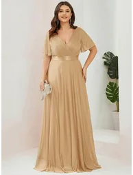 ever LIORÉ|Sparkling Short Sleeve V-Neck Ribbon Waist A-Line Bridesmaid Dress - 10