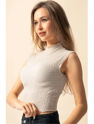 Beige Sleeveless Seersucker Fabric Top - 3