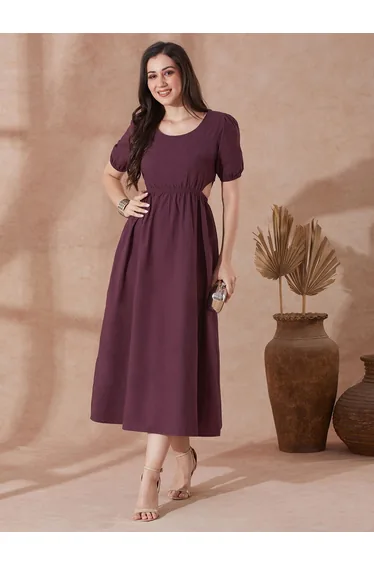 Burgundy Puff Sleeves Cut Out Detail Midi Dress
