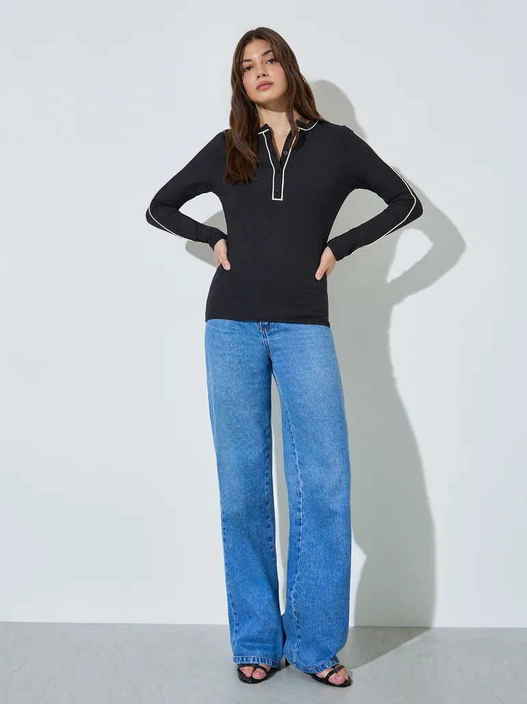 Black Contrast Trim Long Sleeves Fitted Top - 1