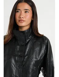 Faux Leather Cinched Waist Jacket - black - 3