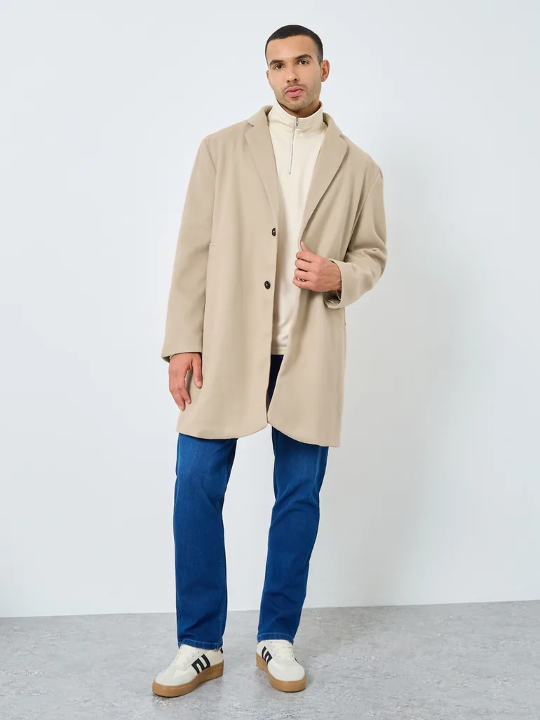 Men Beige Longline Wool Like Coat