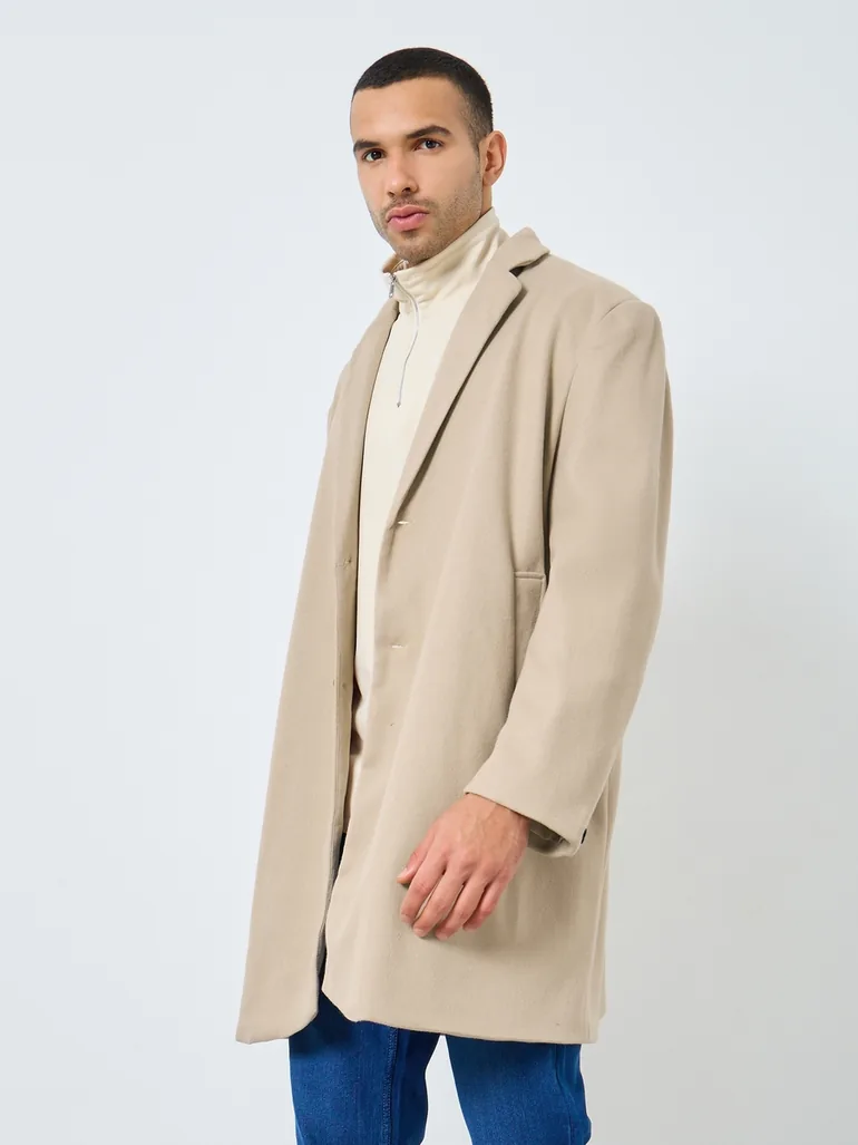 Men Beige Longline Wool Like Coat - 1