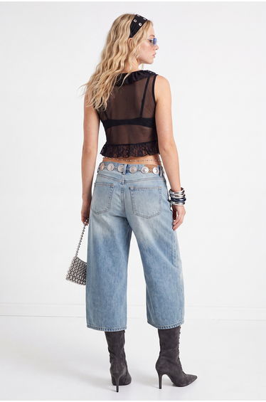 Black Plain Fitted V-Neck Standard Sleeve Long Flouncing/Ruffled Super Crop Tulle Knitted Blouse product thumbnail 4