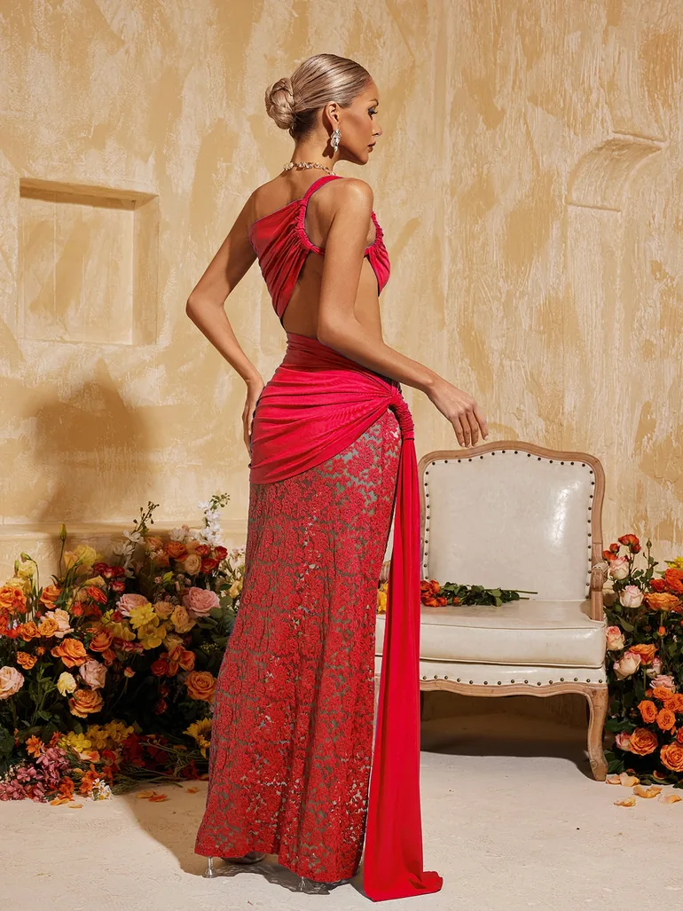 Phelia Cutout Lace Draped Maxi Dress In Red - 5