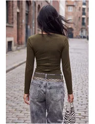 Khaki Fitted Keyhole Collar Crop/Short Soft Knitted Blouse - 3