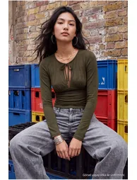 Khaki Fitted Keyhole Collar Crop/Short Soft Knitted Blouse - 2