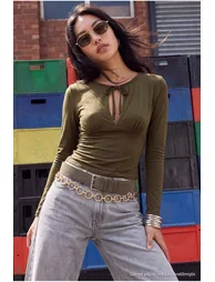 Khaki Fitted Keyhole Collar Crop/Short Soft Knitted Blouse