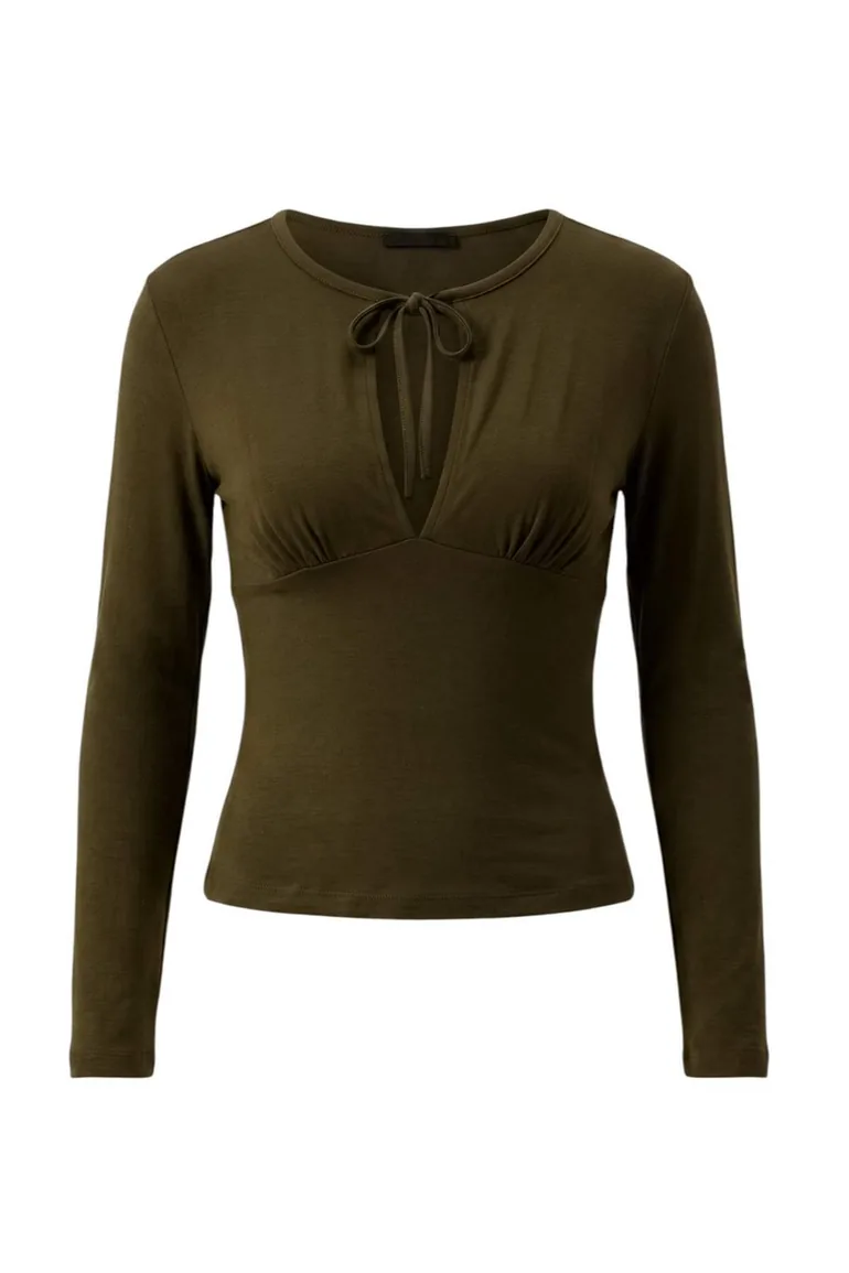 Khaki Fitted Keyhole Collar Crop/Short Soft Knitted Blouse - 4