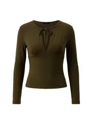 Khaki Fitted Keyhole Collar Crop/Short Soft Knitted Blouse - 4