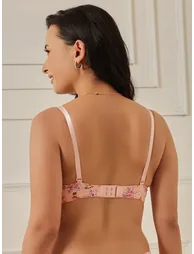 Peach Floral Print Padded Full Coverage T-shirt Bra - 4