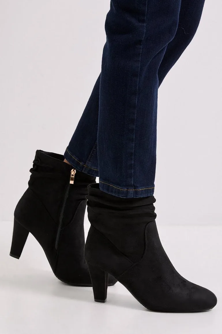Wide Fit Ally Faux Suede Ruched High Heeled Ankle Boots