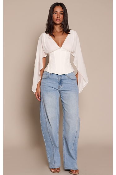 Petite White Corset Waist Chiffon Drape Sleeve Top product thumbnail 3