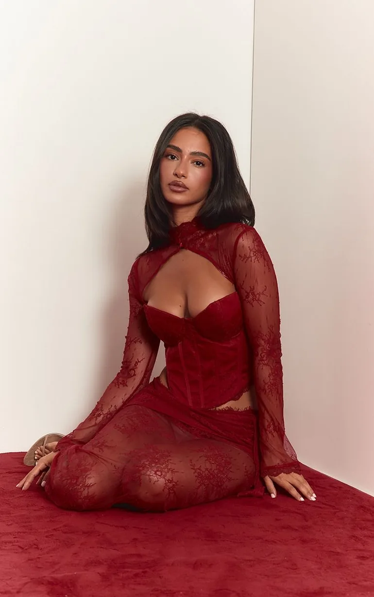 Petite Red Lace Sleeve Cut Out Front Corest Top - 1