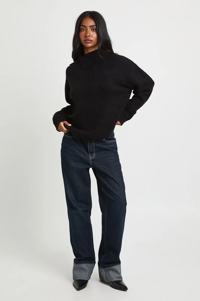 Asymmetric Collar Oversized Knitted Jumper - black