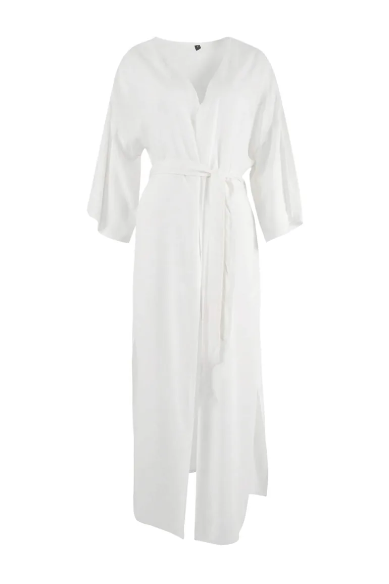 Ecru Woven Maxi Beach Belted Kimono&Kaftan - 1
