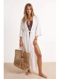 Ecru Woven Maxi Beach Belted Kimono&Kaftan
