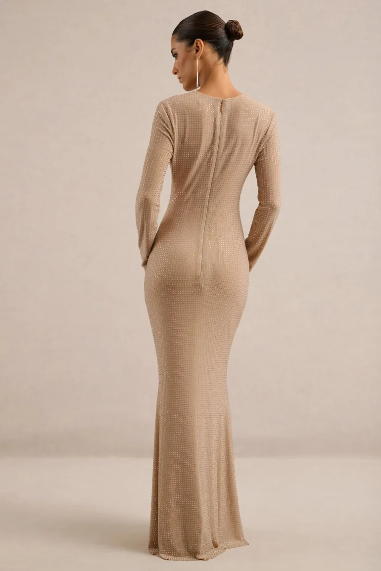 Garance | Champagne Embellished Round Neck Long Sleeve Maxi Dress With Detachable Feather Cuffs - 1