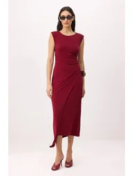Claret Red Plain A-Line Crew Neck Sleeveless Ruched Midi Stretchy Lined Knitted Dress