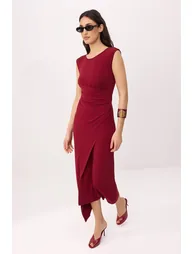Claret Red Plain A-Line Crew Neck Sleeveless Ruched Midi Stretchy Lined Knitted Dress - 1