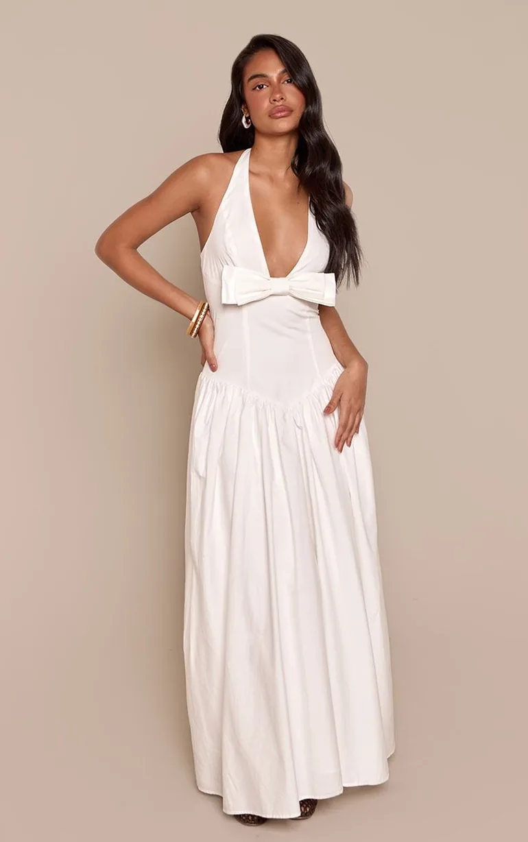 White Bow Halterneck Sleeveless Maxi Dress