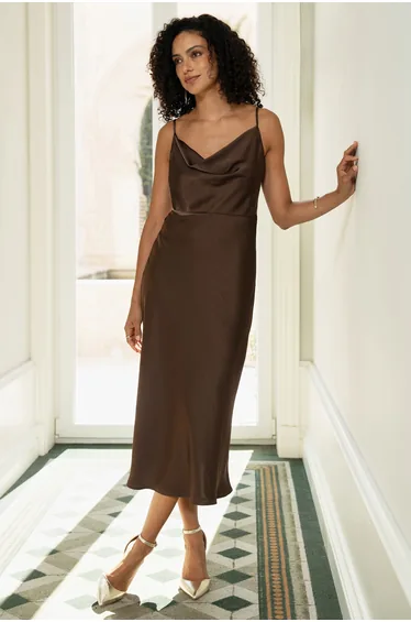 Yumi Brown Satin Cowl Neck Midi Slip Dress