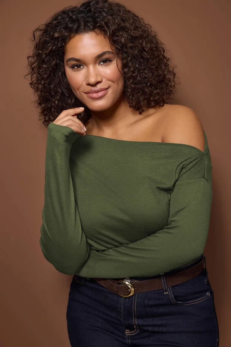 Khaki viscose ribbed knit plus size blouse - 1