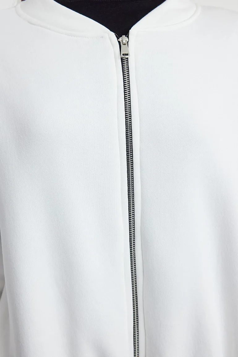 Ecru Zippered Oversize/Wide Fit Thick Inside Fleece Knitted Sweatshirt - 3