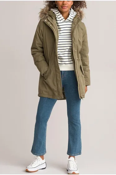 Recycled Warm Hooded Parka with Faux Fur Trim