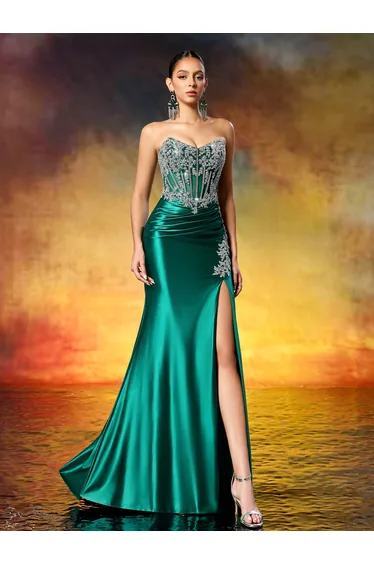 Leely Elegant Strapless Beaded Corset High Slit Train Gown Formal Evening Dress