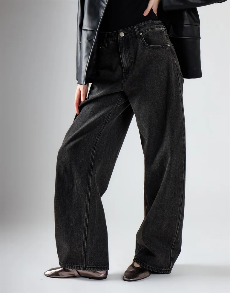 Black Vintage Wash Wide Leg Baggy Jeans - 3