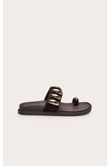 Chocolate Faux Suede Gold Trim Detail Footbed Sandals product thumbnail 2