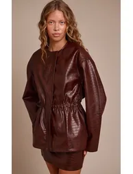 Brown Croc Faux Leather Cinched Waist Jacket - 1