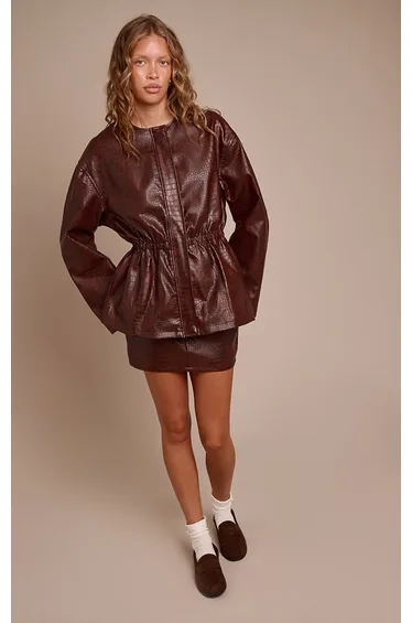 Brown Croc Faux Leather Cinched Waist Jacket