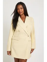 Plus Wrap Horn Button Oversized Blazer Dress - butter - 2