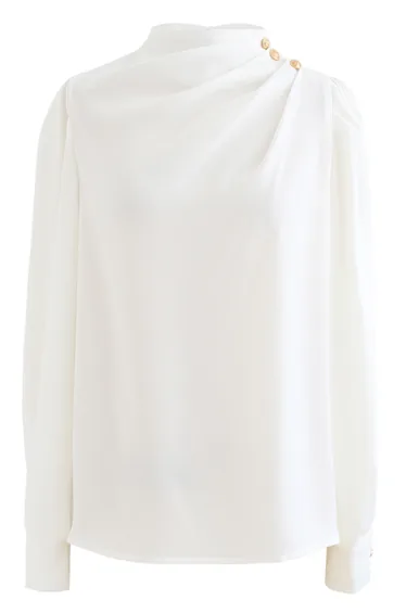 Buttoned Ruched Neck Satin Top in White