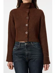 Brown Crop Soft Textured Stand Collar Knitwear Cardigan - 1