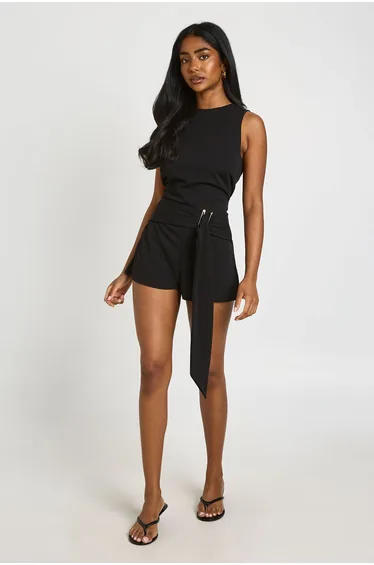 Belted Gold Trim Detail Playsuit - black