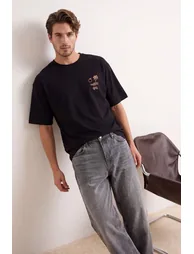 Black Oversize/Wide Cut Embroidered 100% Cotton T-Shirt