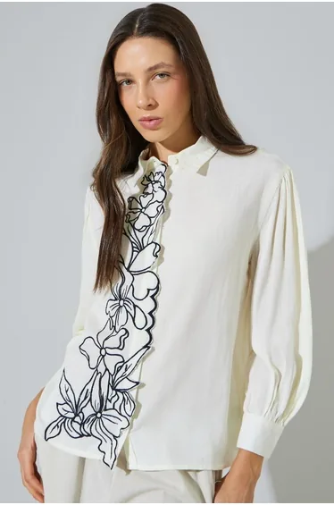 Off White Embroidered Placket Oversized Rayon Shirt