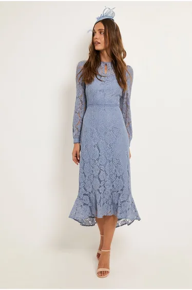 Lace High Neck Ruffle Midi Dress