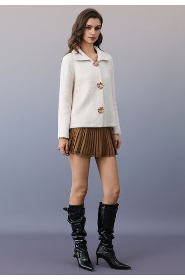 Lace Trim Faux Suede Pleated Mini Skirt in Caramel product thumbnail 2