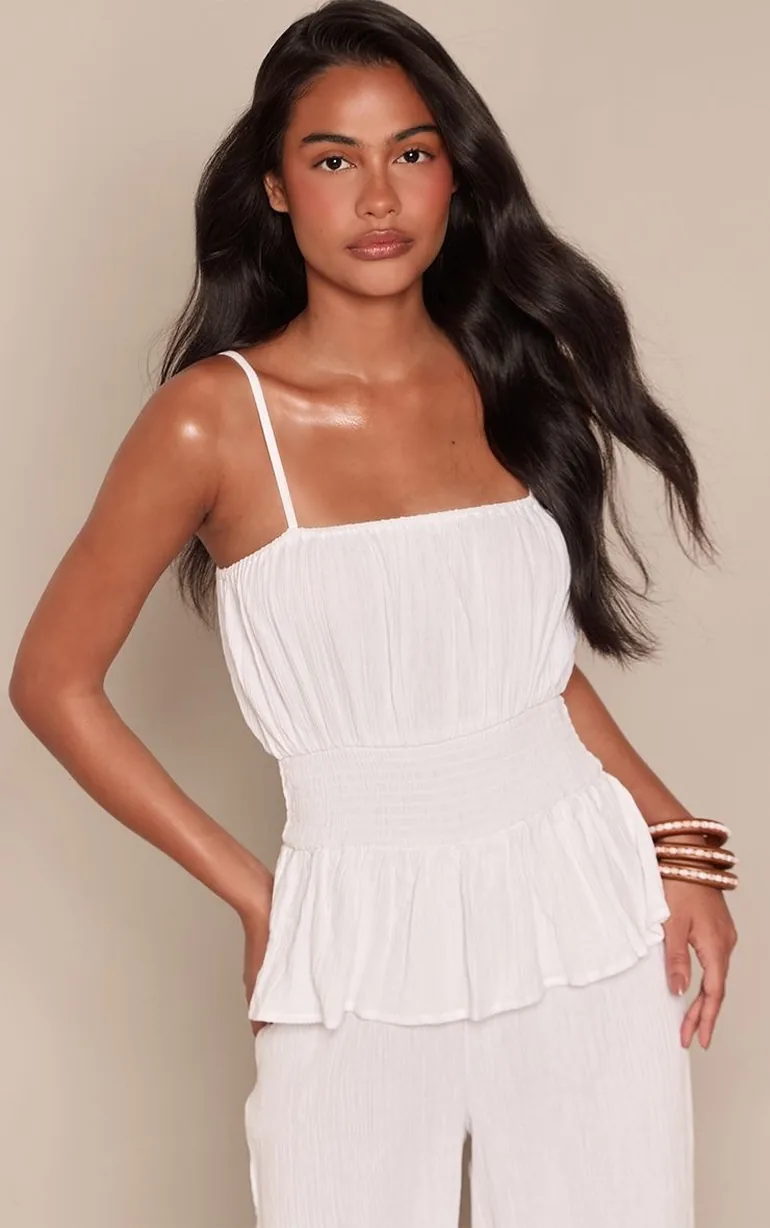 White Spaghetti Strap Textured Peplum Jumpsuit - 3