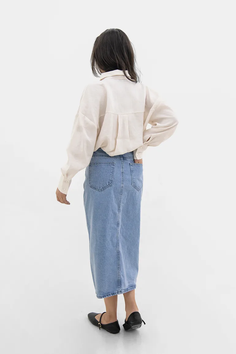 Blue denim skirt with front slit - 1