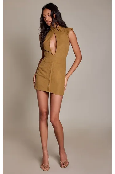 Khaki Peach Skin Keyhole Detail Mini Dress