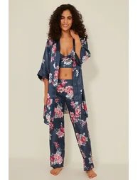 Women's Patterned 3 Piece Satin Pajama Set - 5
