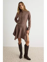 Brown Belt Accessory Detailed Midi Woven Suede Jacket Dress - 1